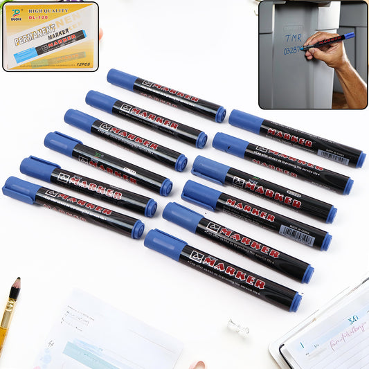 Premium Permanent Blue Marker Pen Set (12 Pc)