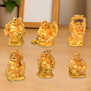 Golden Laughing Buddha Set Of Six Pieces Statue...