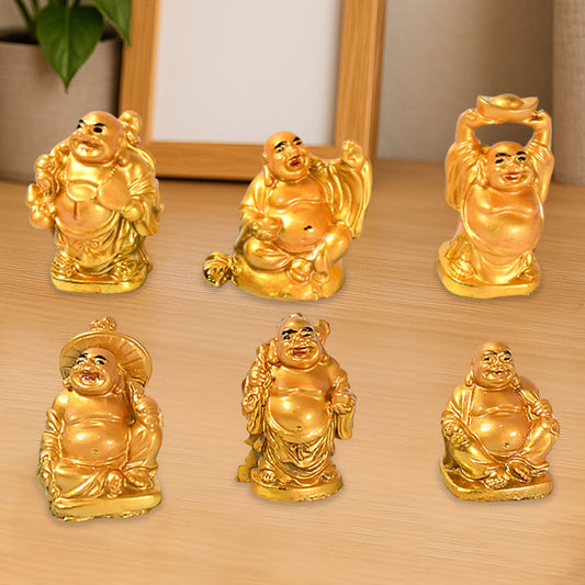 Golden Laughing Buddha Set Of Six Pieces Statue...