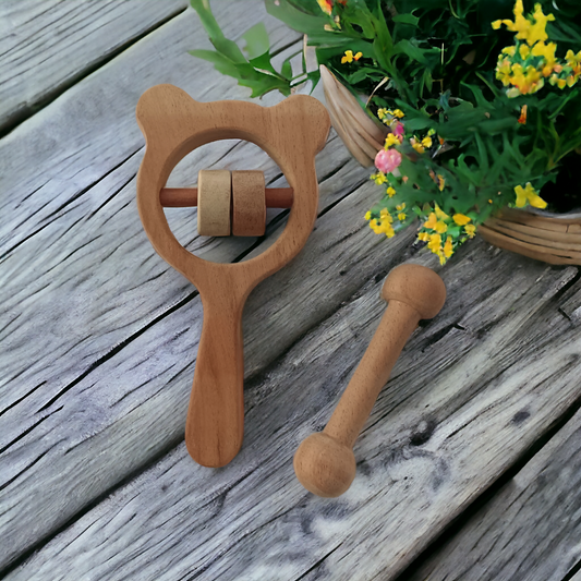 Rattle and Dumbbells wooden Teether combo